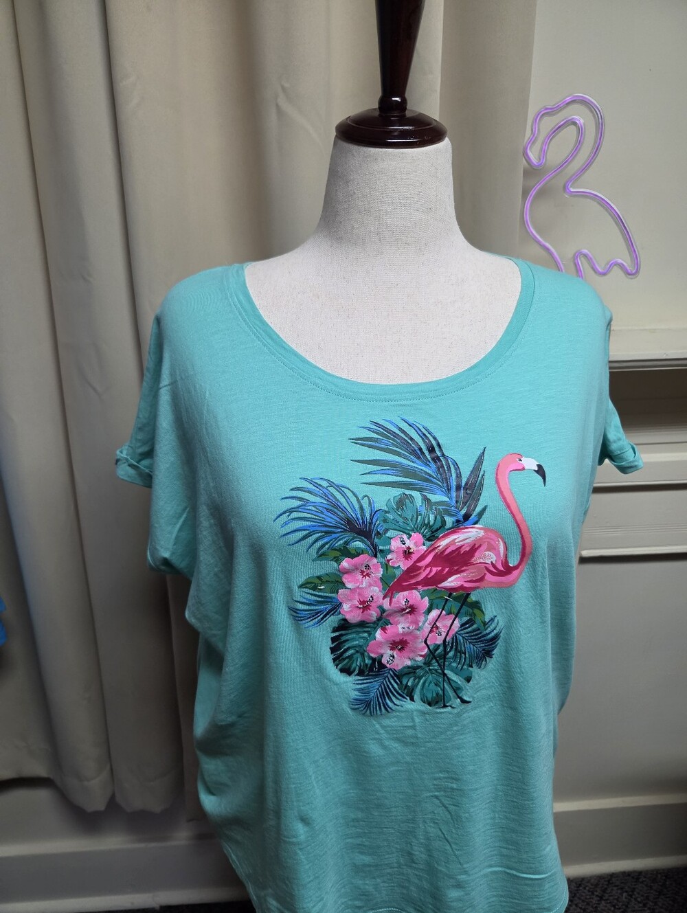 Kiwi Fresh Tropical Flamingo Tee - Women's Turquoise Top Size 1X